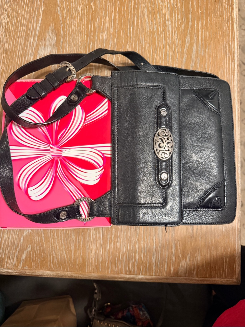 Brighton Black Leather Crossbody Bag with Decorative Silver Accent